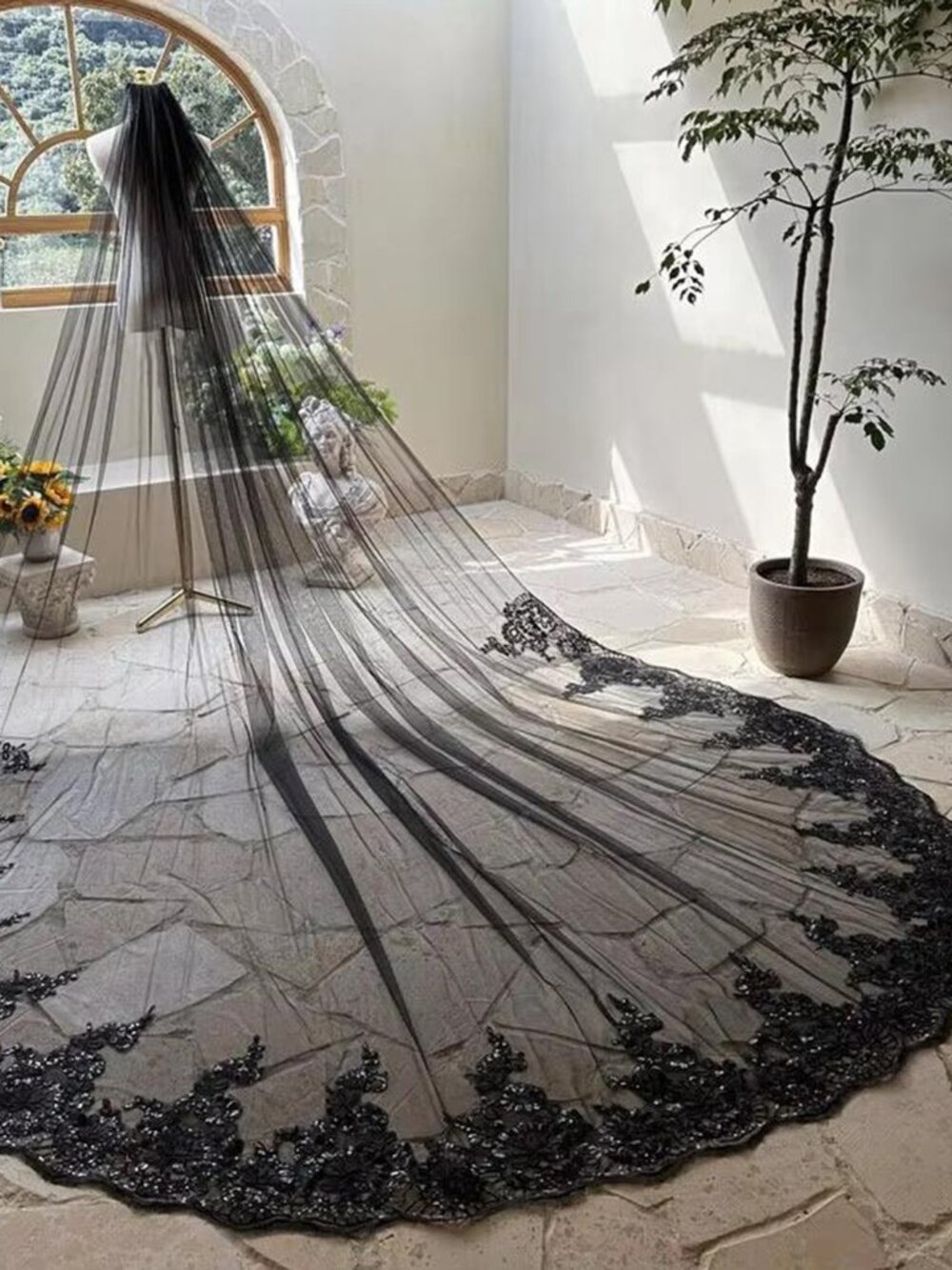 Gothic Black Bridal Veil Cathedral Length Lace Sequined W/ Comb 118"